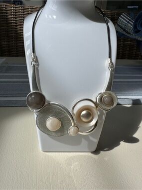 Statement Silver-Tone Necklace with Cream and Taupe Accents